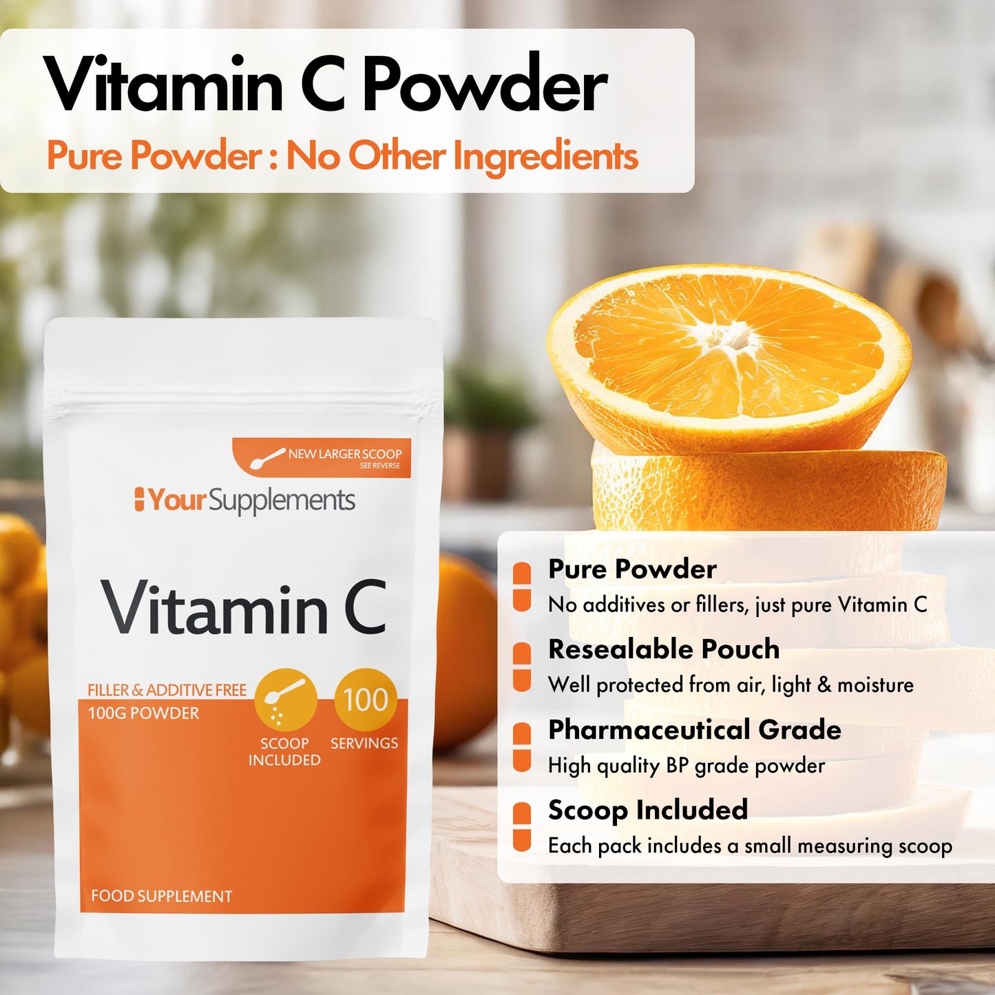 YourSupplements Vitamin C Powder 200g - Ascorbic Acid | 100% Pure British Pharmaceutical Grade | Non-GMO | Scoop Included