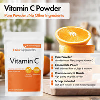 YourSupplements Vitamin C Powder 200g - Ascorbic Acid | 100% Pure British Pharmaceutical Grade | Non-GMO | Scoop Included