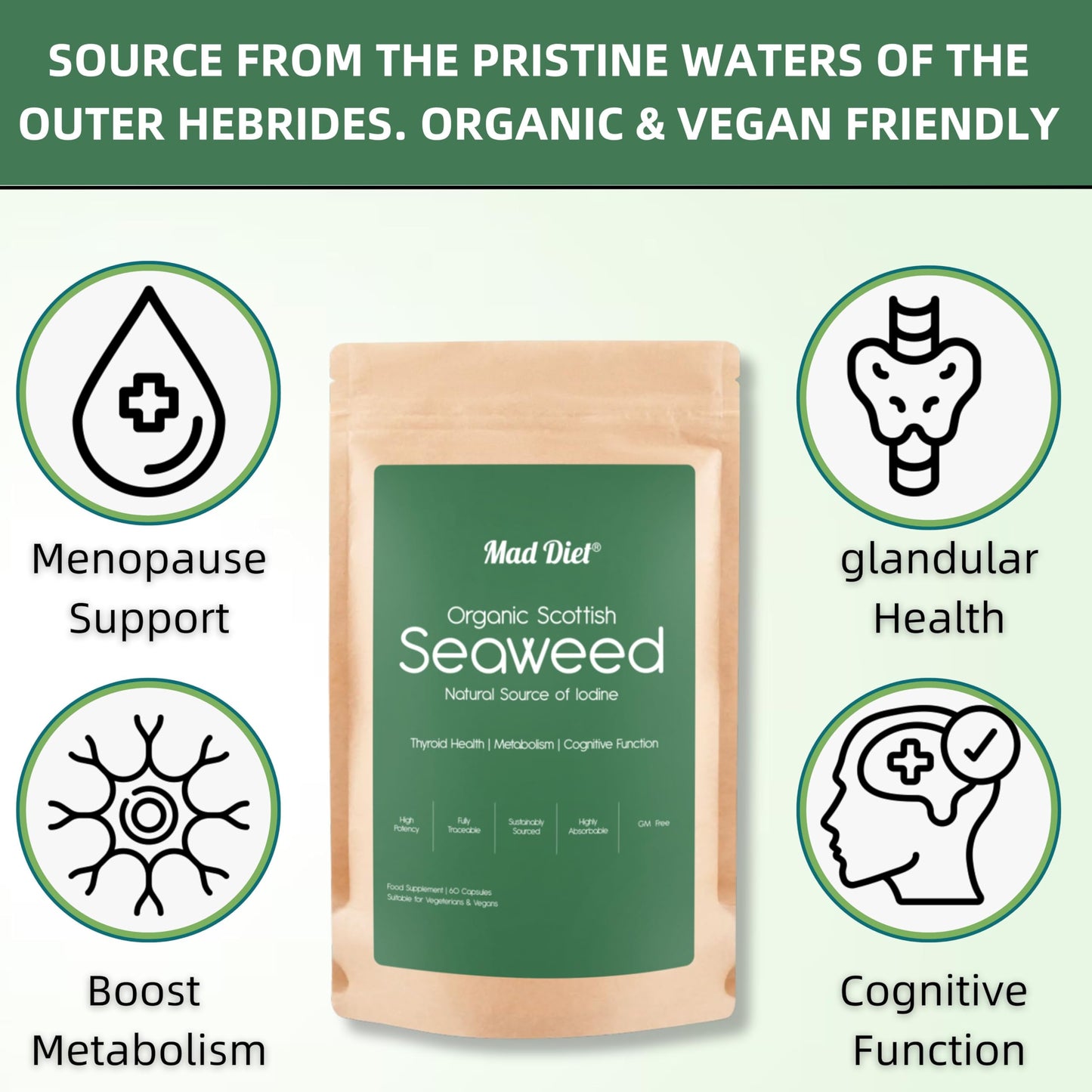 Mad Diet Organic Scottish Seaweed | Health Support | Natural Source of Iodine | Sustainably Sourced | Zero Additives | 60 Capsules –2 Month Supply | Suitable for Vegans