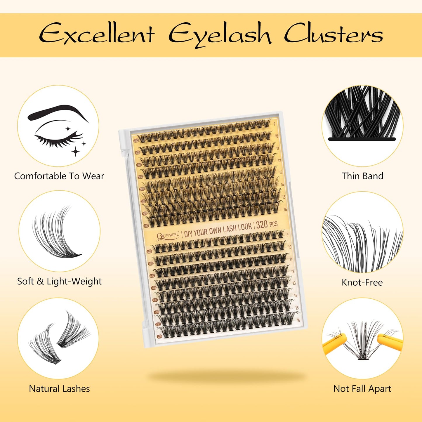 QUEWEL Clusters Lashes Kit 320 Pcs Individual-Lashes with Lash Bond &Seal