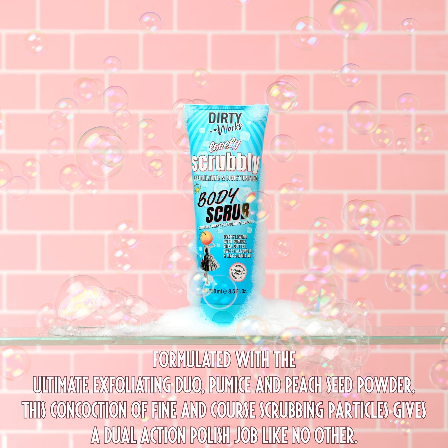 Dirty Works Lovely Scrubbly Body Scrub - Exfoliating Sugar & Fruit Acids for Smooth, Revived Skin - 250ml - Signature Collection - Gentle Polish & Brighten