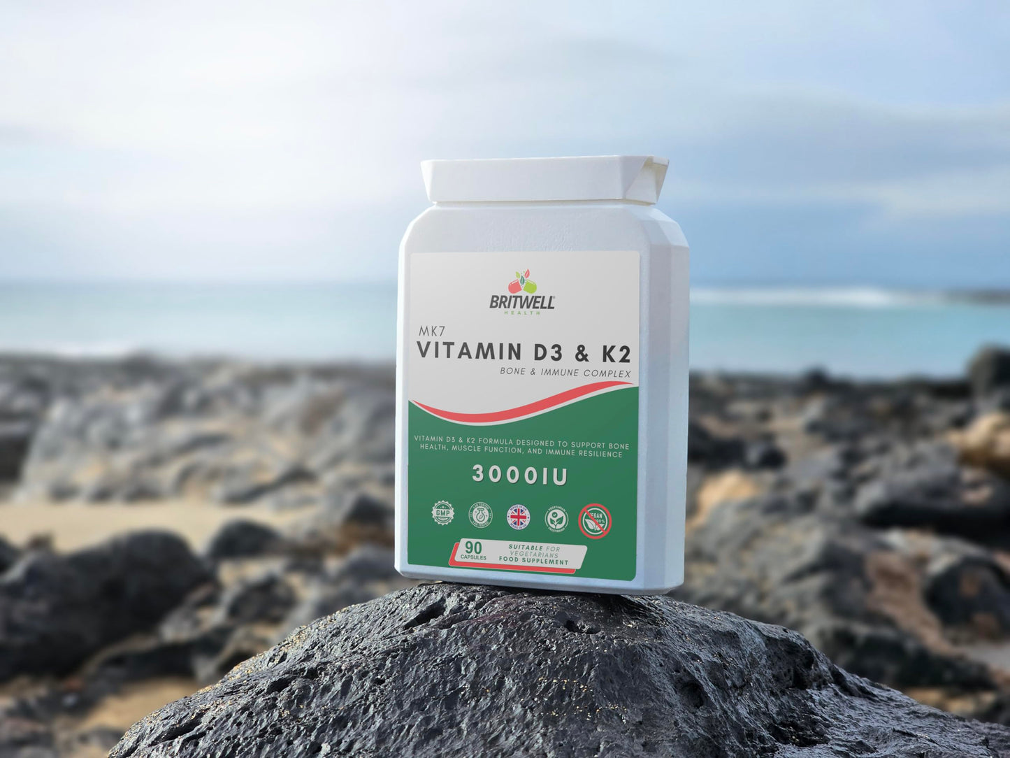Britwell Health Vitamin D3 K2 Capsules - 3000 IU Vitamin D3 & 100µg Vitamin K2 (MK-7) - 90 Vegetarian Capsules - 3 Month Supply - High Strength Immune Support, Bone Health & Muscle Function Supplement Made in The UK
