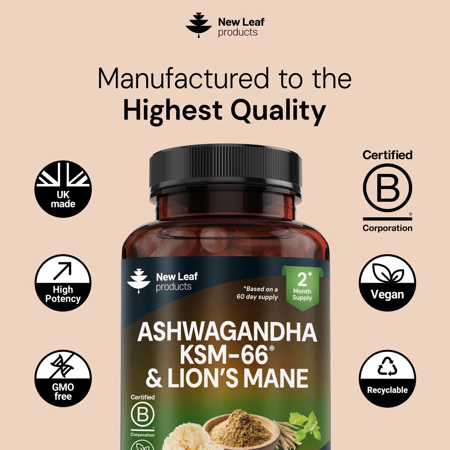 NEW LEAF PRODUCTS Ashwagandha KSM-66 and Lions Mane Capsules - High Strength 2000mg KSM-66 Ashwaghandha Root Extract and Lions Mane Mushroom Extract - 120 Vegan Capsules with Black Pepper - UK Made by New Leaf