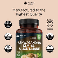 NEW LEAF PRODUCTS Ashwagandha KSM-66 and Lions Mane Capsules - High Strength 2000mg KSM-66 Ashwaghandha Root Extract and Lions Mane Mushroom Extract - 120 Vegan Capsules with Black Pepper - UK Made by New Leaf