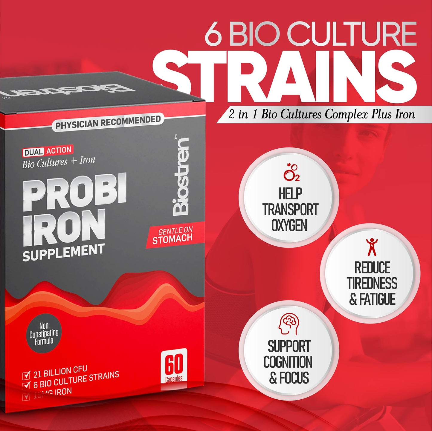 Biostren Probi Iron | 2 in 1 Bio Cultures Complex Plus Iron for Ultimate Gut Health and Hemoglobin Support | Probiotic | Red Blood Cells | Bloat Relief | Digestion | IBS | 60 Capsules