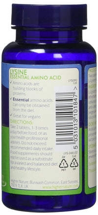 HIGHER NATURE Higher Nature - Lysine - Essential Amino Acid- 500mg - Supports Collagen - Supports Cold Sore Treatment - Vegetarian & Vegan - 90 Tablets