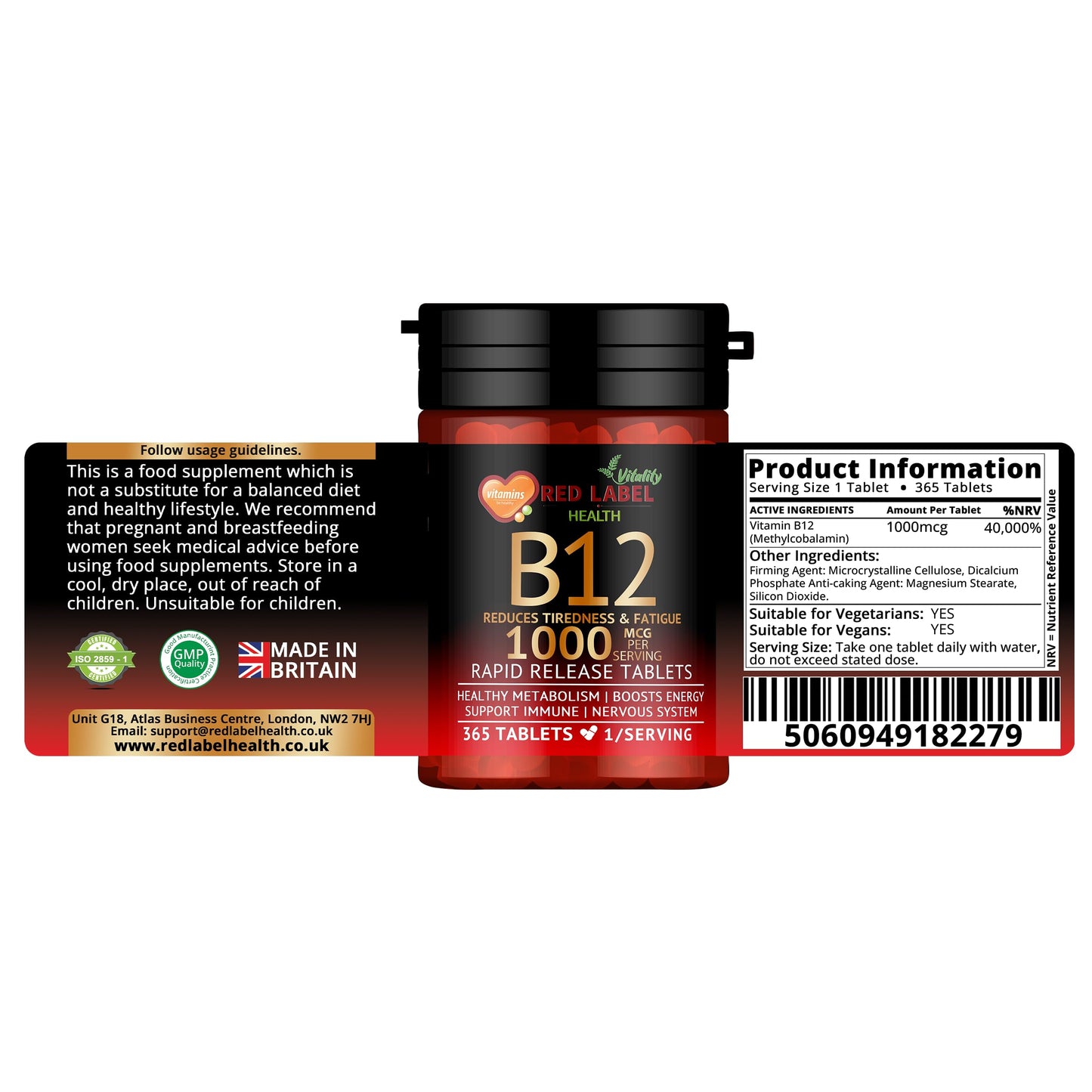 Red Label Health Vitamin B12 Tablets High Strength 1000mcg, 365 Tablets (1 Year Supply) Methylcobalamin B12 for Tiredness, Fatigue & Energy Vegan & Vegetarian-Friendly Made in the UK