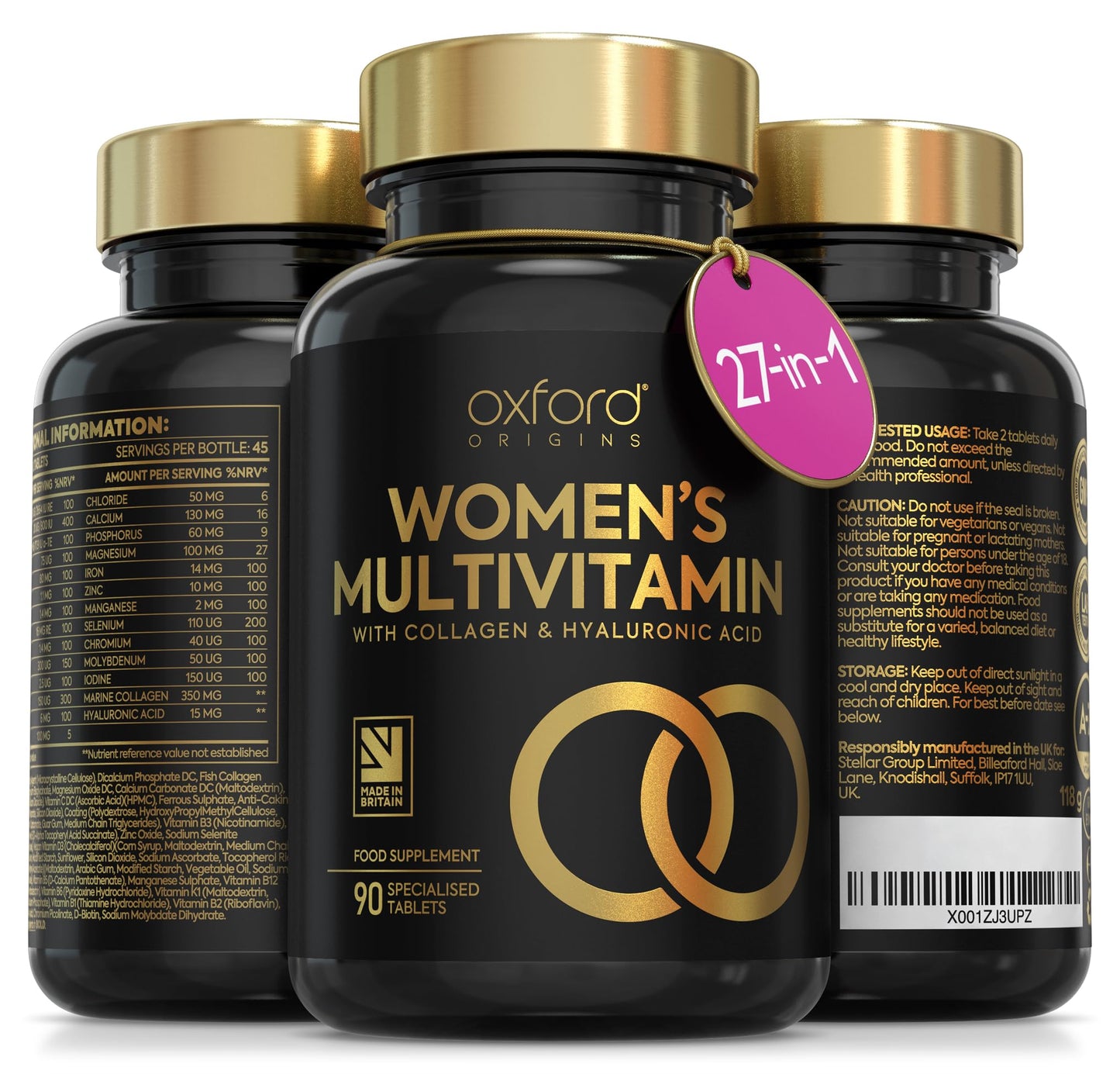 Multivitamin Tablets for Women with Collagen & Hyaluronic Acid - 27 Essential Vitamins, Minerals, & Botanicals | Womens Multivitamins, 90 Tablets, Immune System, Tiredness and Fatigue, Womens Vitamins