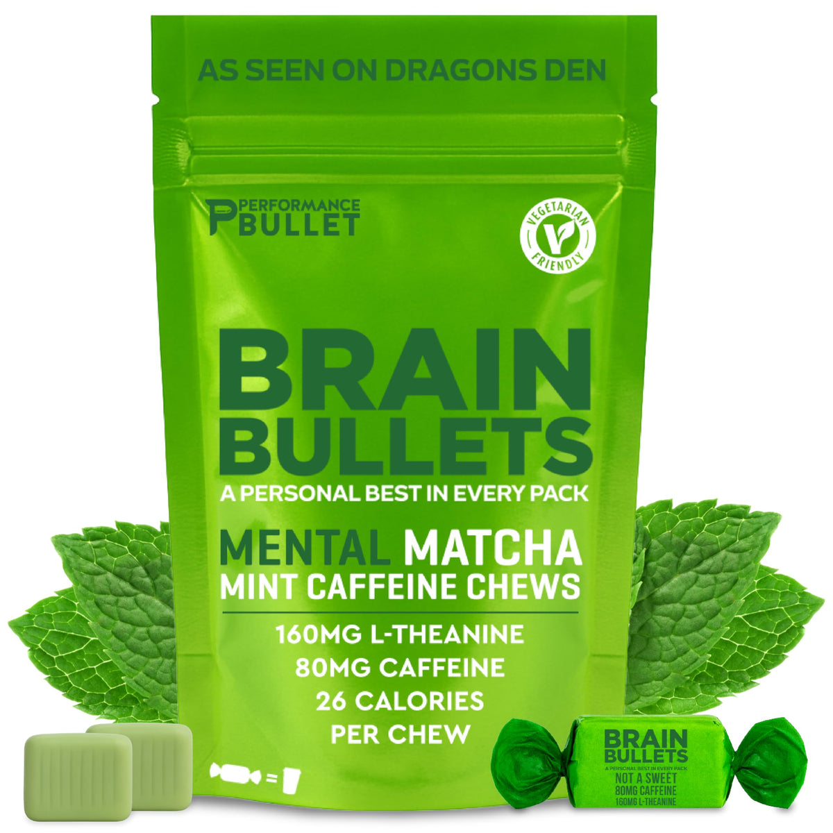 Caffeine Bullet 80mg Caffeine & 160mg L-Theanine Chews | Mint Matcha | 40 Servings