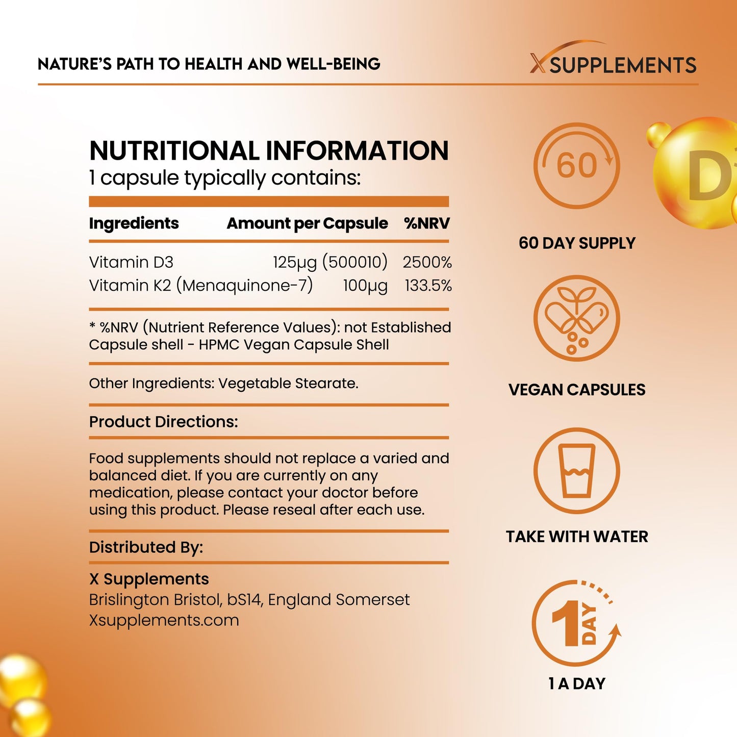 X Supplements Vitamin D3 5000 IU with K2 100μg | 1-A-Day | 60 High Strength Vitamin D Tablets | MK-7 Menaquinone | Vitamin D3 | Bone, Immune & Heart Support | Supplements for Adults