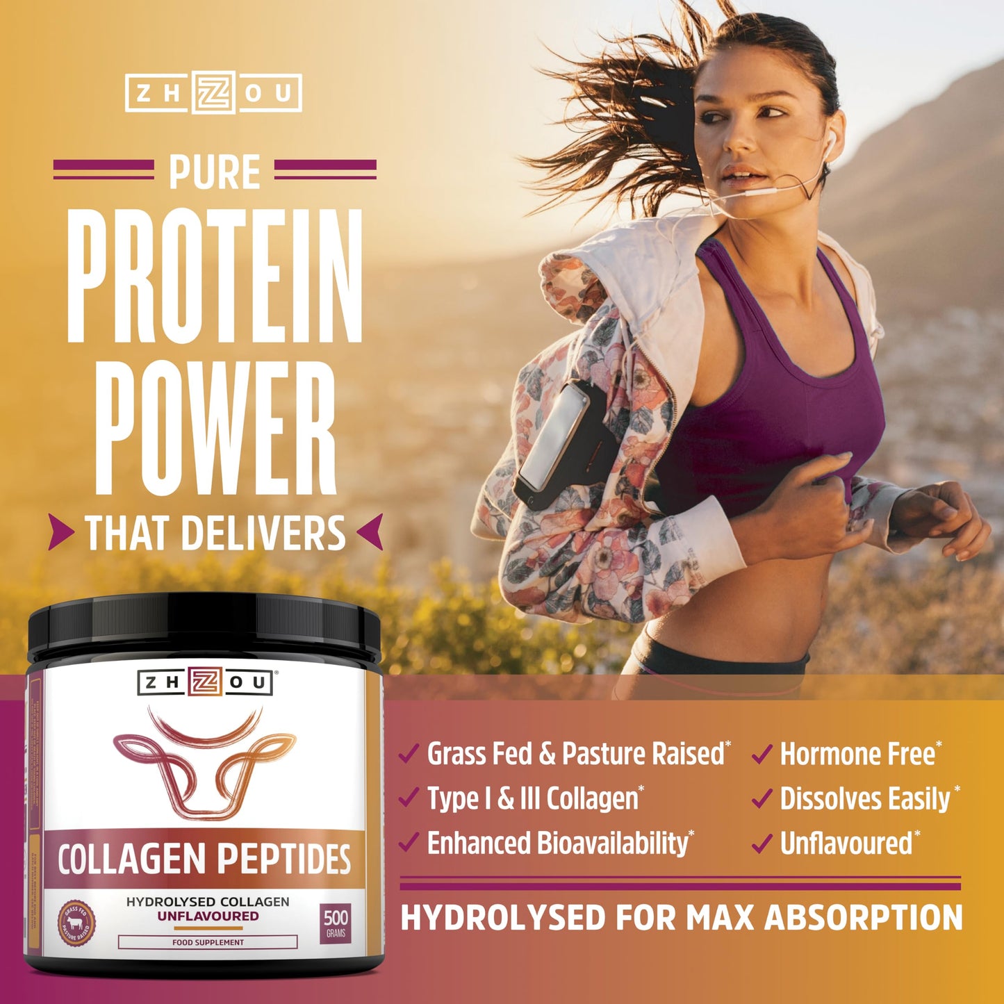 Nu U Nutrition Collagen Powder 500g - Hydrolysed Collagen Peptides Powder - High Protein Bovine Collagen Supplement - Grass Fed, Halal Certified - Rich in Amino Acids - for Hair, Nails & Skin - Zhou Nutrition