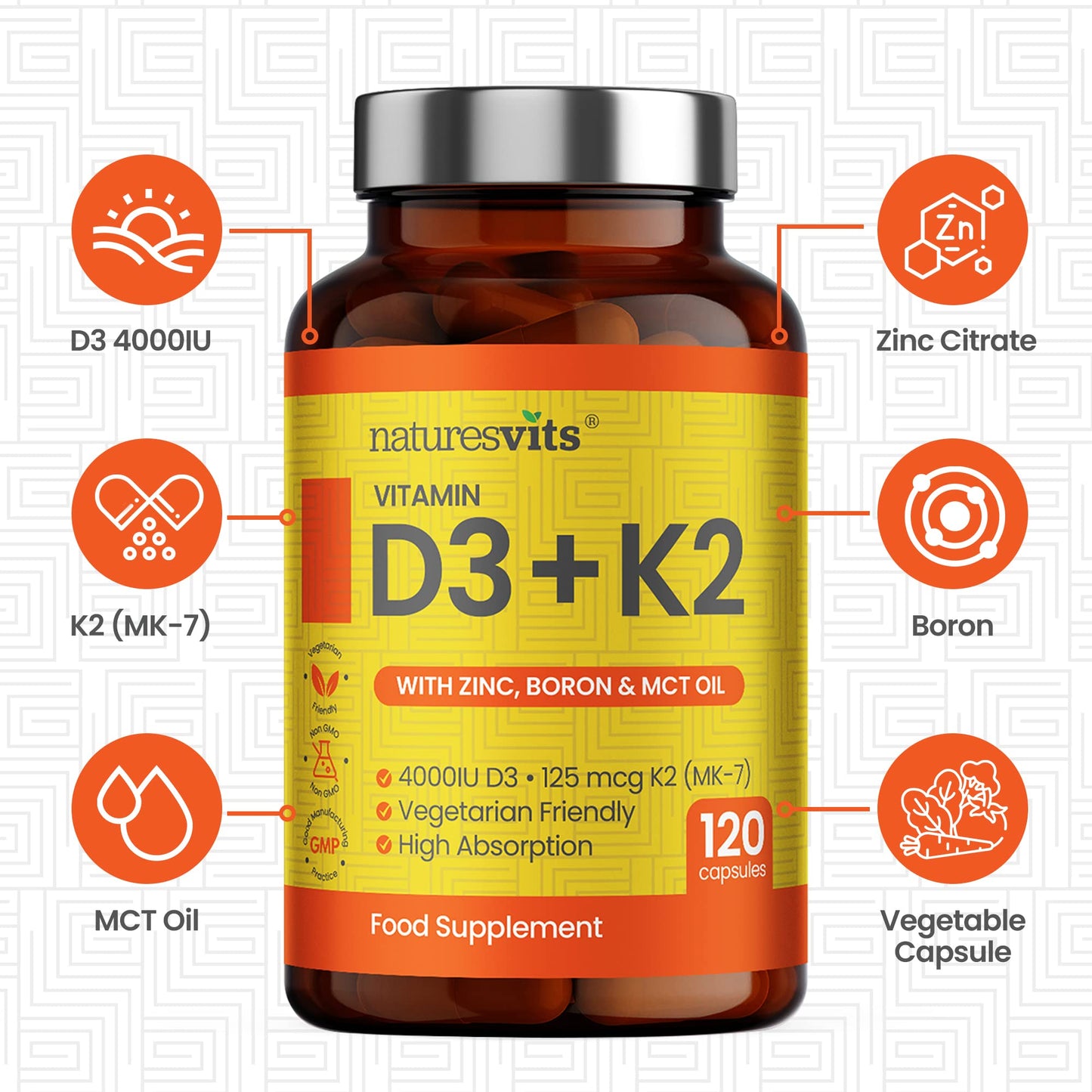 NaturesVits Vitamin D3 and K2 Bone Supplement - with Zinc, MCT Oil and Boron for Calcium Absorption for Joint Care - High Strength Natural Supplements for Women and Men