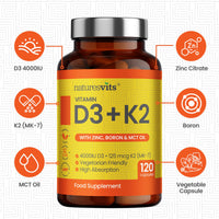 NaturesVits Vitamin D3 and K2 Bone Supplement - with Zinc, MCT Oil and Boron for Calcium Absorption for Joint Care - High Strength Natural Supplements for Women and Men