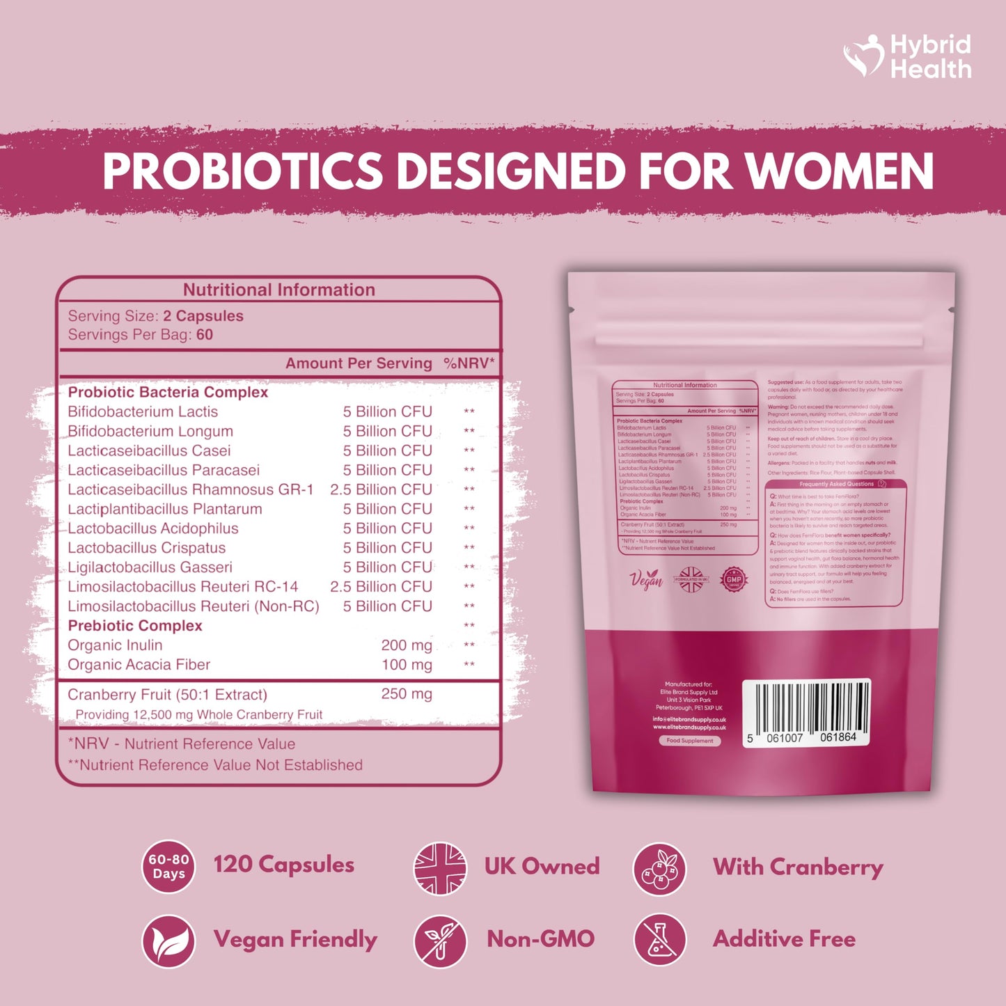 Hybrid Health Probiotics for Women | 120 Vegan Capsules | 50 Billion CFU Womens Probiotics for Gut Health | 11 Probiotic Researched Strains with Prebiotics & Cranberry Extract | Vegan Non-GMO