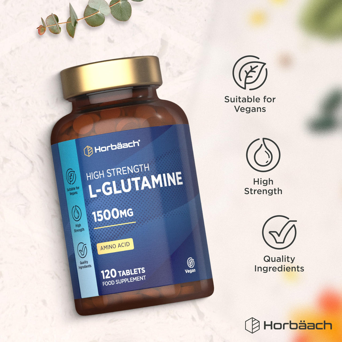 Horbäach L-Glutamine Tablets 1500mg | 120 Count | High Strength Amino Acid | Suitable for Vegans and Vegetarians | By Horbaach