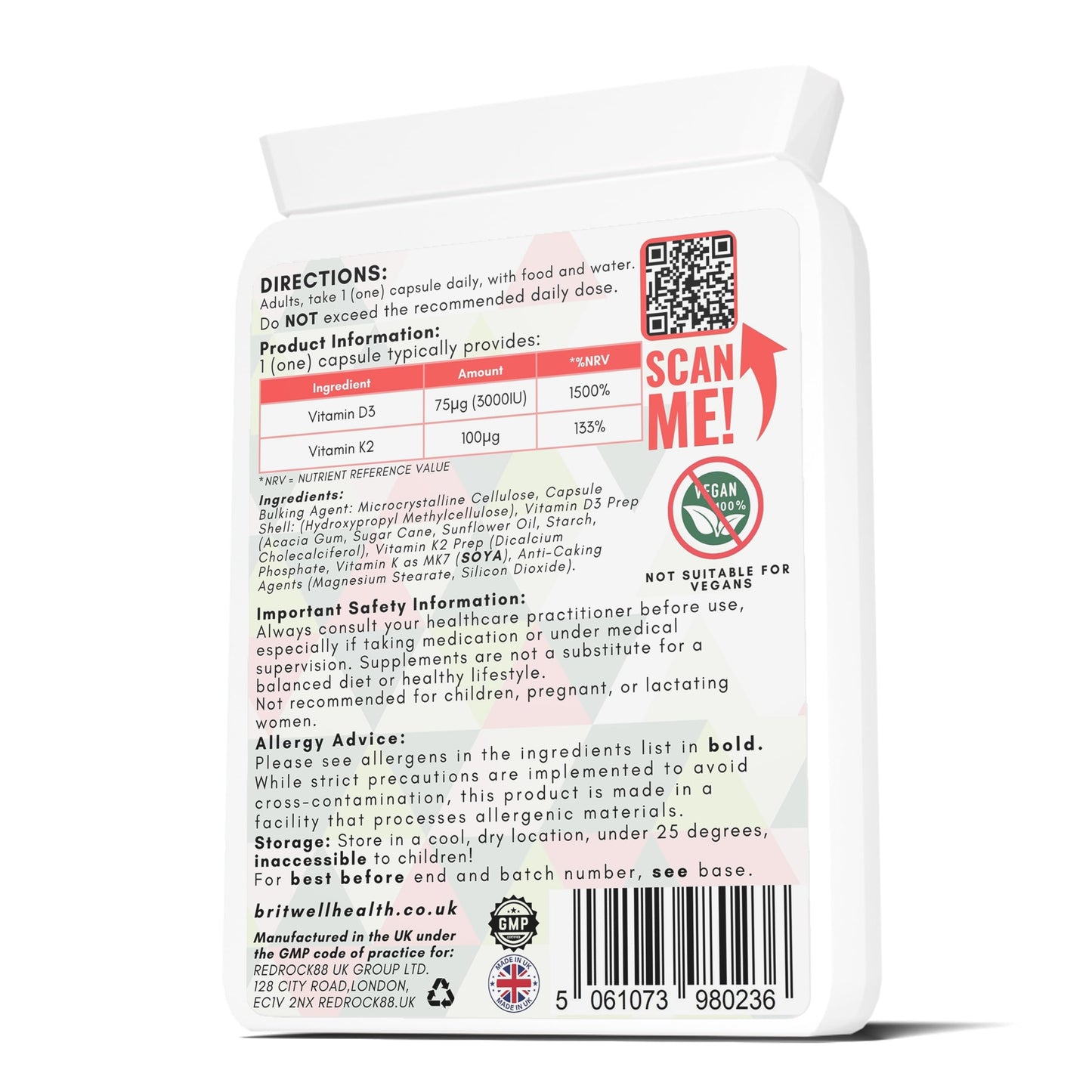 Britwell Health Vitamin D3 K2 Capsules - 3000 IU Vitamin D3 & 100µg Vitamin K2 (MK-7) - 90 Vegetarian Capsules - 3 Month Supply - High Strength Immune Support, Bone Health & Muscle Function Supplement Made in The UK