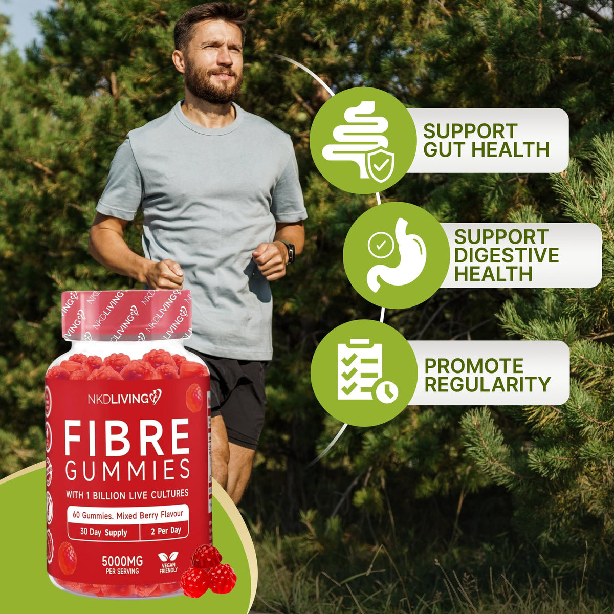 NKD Living High Fibre Inulin Gummies (60 Vegan Gummies) 5g of Fibre per Serving - with 1 Billion Live Cultures - Gut Health and Digestive System Support
