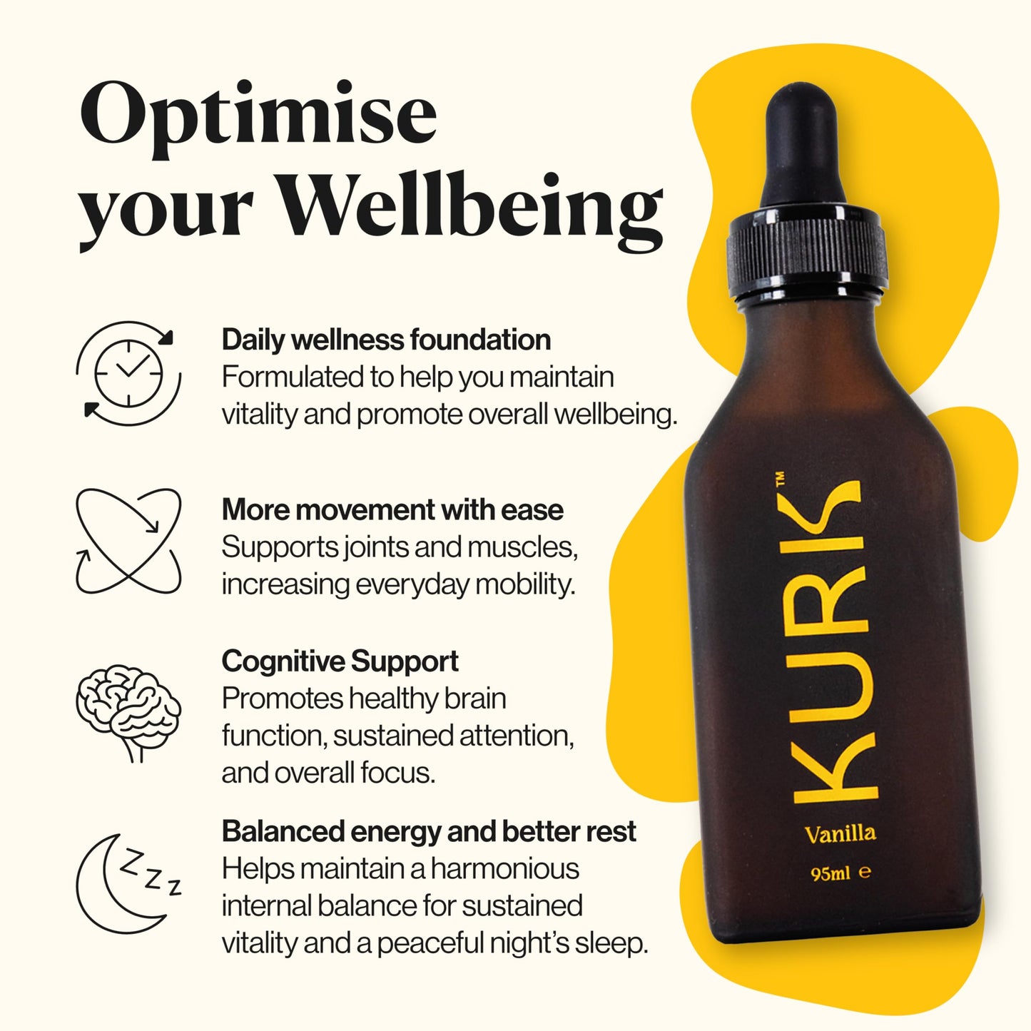 Kurk KURK Essential Liquid Turmeric Supplement, Turmeric Curcumin Drops, Oil for Advanced Everyday Wellness, Focus & Energy, 185x More Absorbable Than Powders, Plant-Based (Vanilla) (95ml)