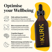 Kurk KURK Essential Liquid Turmeric Supplement, Turmeric Curcumin Drops, Oil for Advanced Everyday Wellness, Focus & Energy, 185x More Absorbable Than Powders, Plant-Based (Vanilla) (95ml)