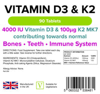 Lindens Vitamin D3 4000IU & MK7 K2 | 90 Tablets | UK Made | Immune Health, Bones, Teeth, Muscle, Blood Calcium Absorption | High Strength Vitamin D & K2 Supplement | 3 Months Supply | Vegetarian