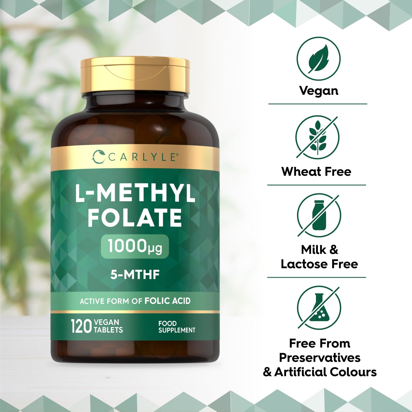 L Methlyfolate 1000ug | 120 Vegan Tablets (4 Months Supply) | Active Form of Folic Acid | 5-MTHF | No Artificial Preservatives | by Carlyle