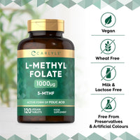 L Methlyfolate 1000ug | 120 Vegan Tablets (4 Months Supply) | Active Form of Folic Acid | 5-MTHF | No Artificial Preservatives | by Carlyle