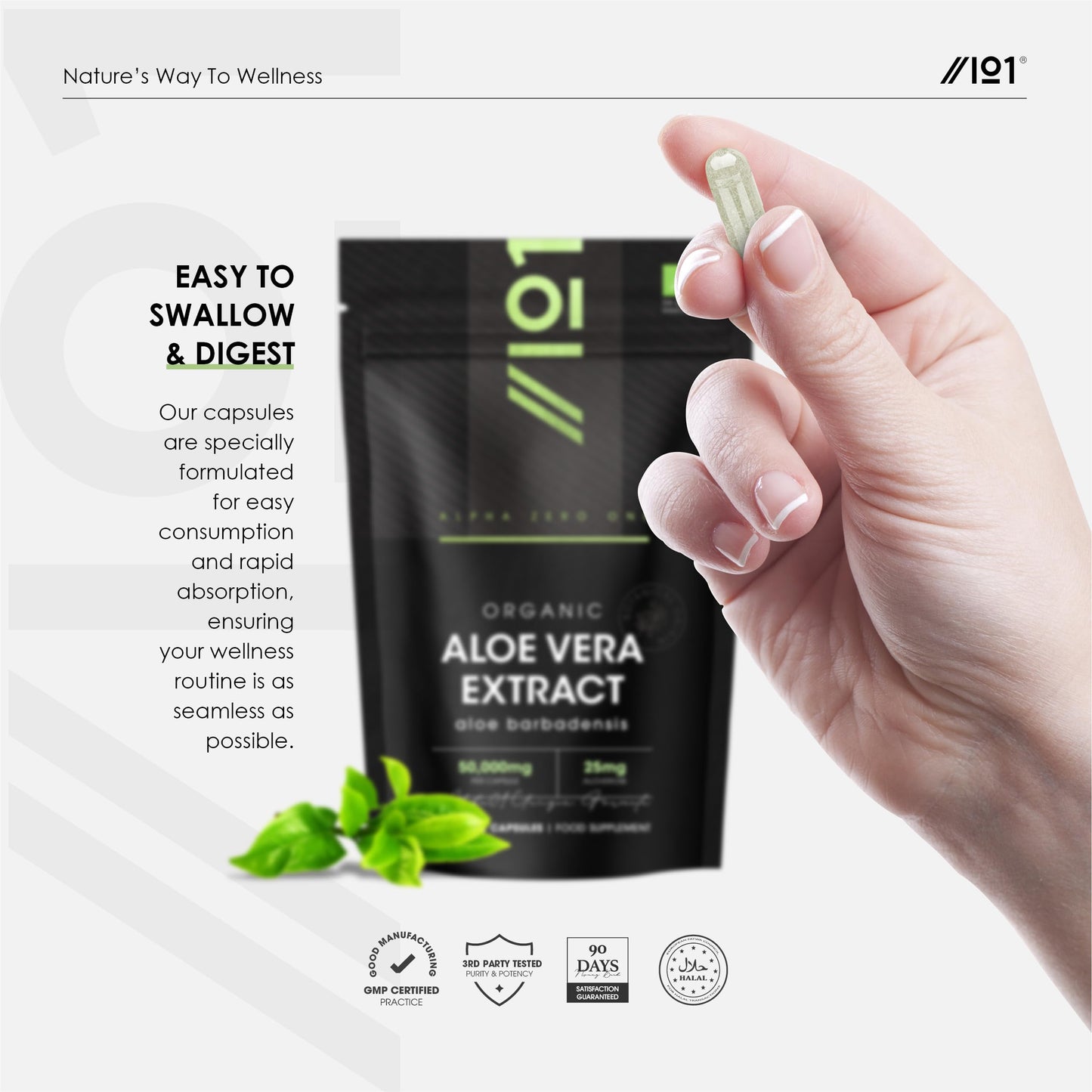 ALPHA01 Organic Aloe Vera Extract 50,000mg - High Strength 25mg Aloveros Supplement - 90 Vegan Capsules (3 Months Supply) - Resealable and Recyclable Pouch - by Alpha01