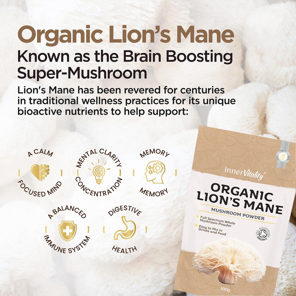 Organic Lions Mane Mushroom Powder, Brain Support & Focus High Strength Full-Spectrum Supplement for Mental Performance - 100g by Inner Vitality