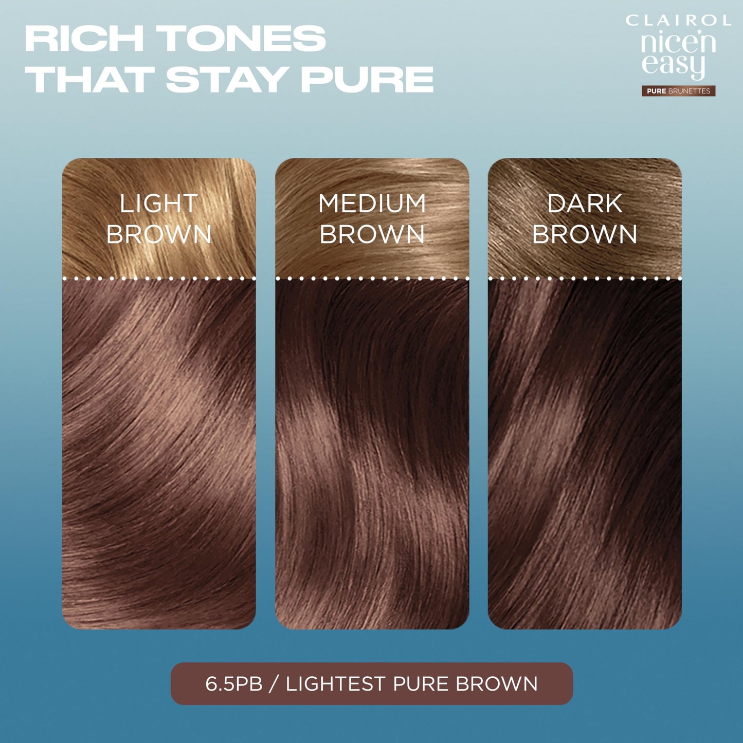 Clairol Nice n’ Easy Pure Brunettes Hair Colour | Pure and Rich Brown Tones | Smooth, Natural Hair Colour | With Pre-Colour Serum | 100% Grey Coverage | 6.5PB Lightest Latte Brown| Permanent Hair Dye