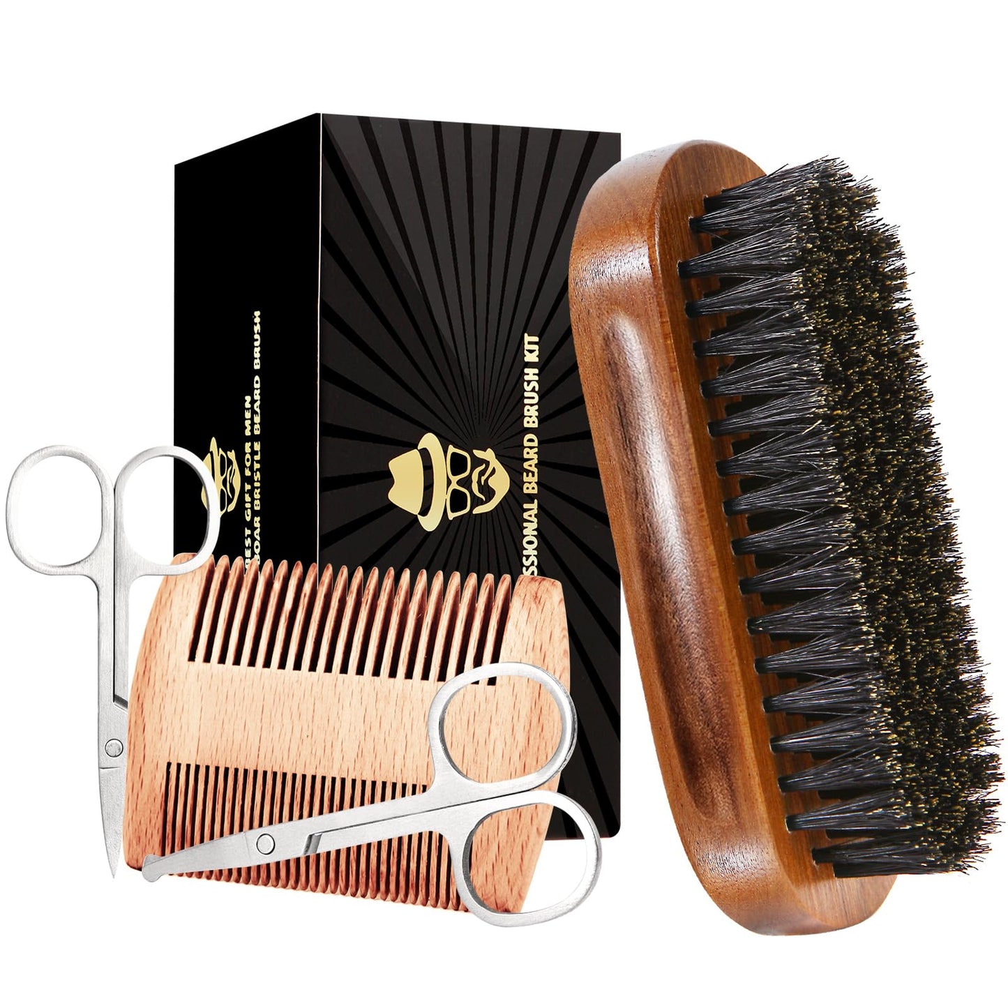 Sofmild Boar Bristle Beard Brush for Men, Beards and Mustaches Grooming Set Including 100% Pure Boar Bristle Beard Brush, Beard Comb, 2 Pcs Mustache Scissors, and Travel Bag