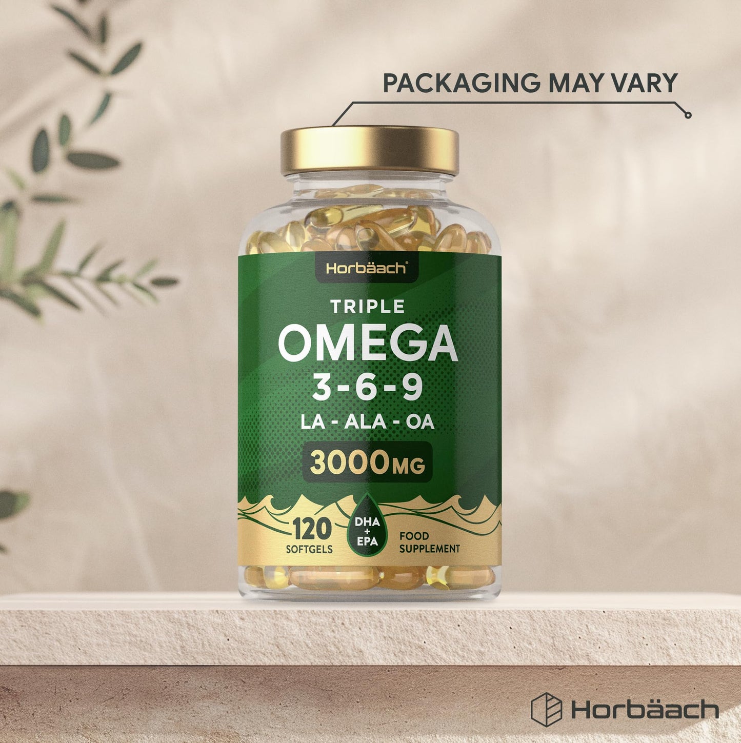 Horbäach Triple Omega 3 6 9 Capsules 3000mg ALA, LA & OA | 120 Softgels | High Strength EPA & DHA Essential Fatty Acids | Supplement with Fish Oil, Flaxseed & Sunflower Oil | by Horbaach