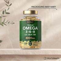 Horbäach Triple Omega 3 6 9 Capsules 3000mg ALA, LA & OA | 120 Softgels | High Strength EPA & DHA Essential Fatty Acids | Supplement with Fish Oil, Flaxseed & Sunflower Oil | by Horbaach
