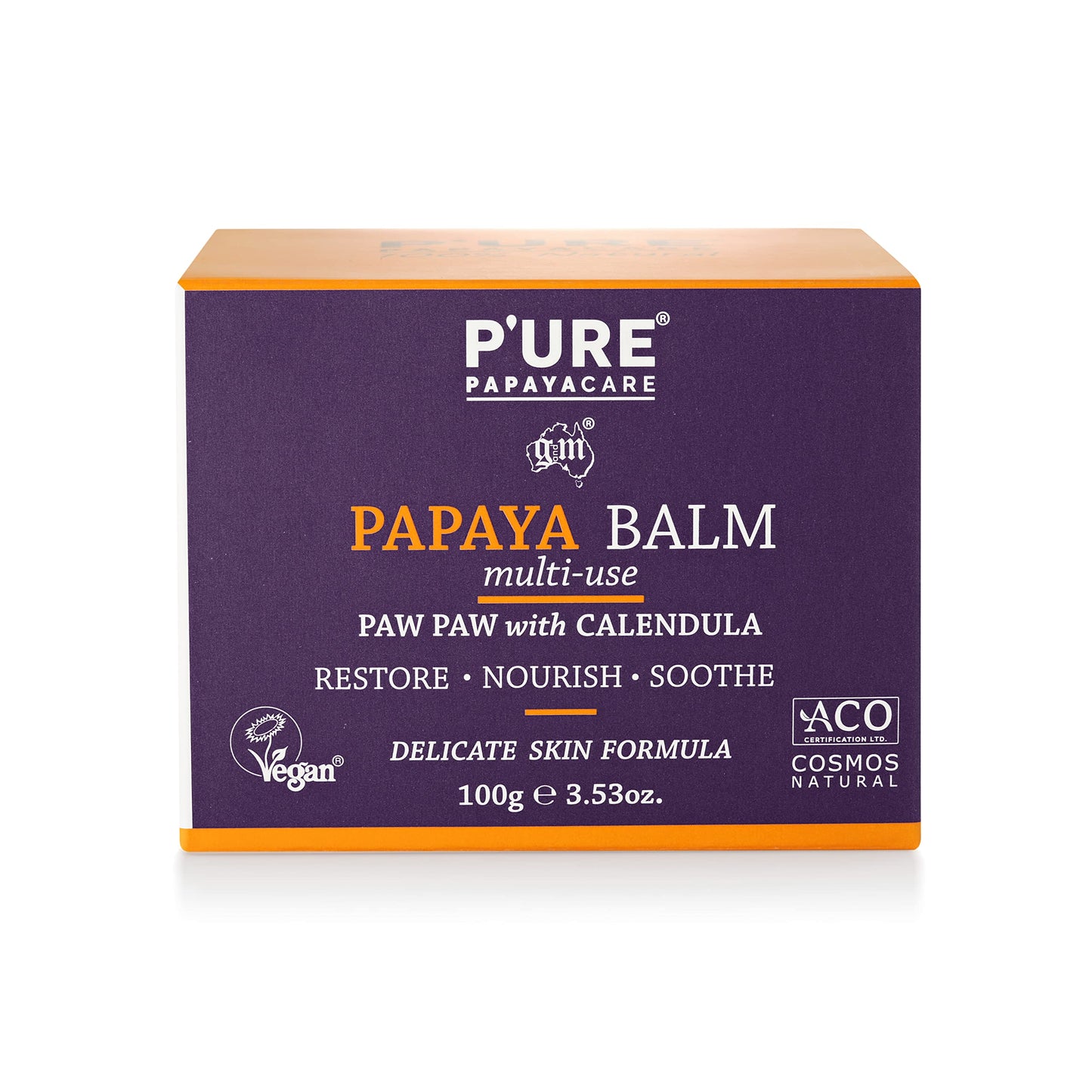 P'URE PAPAYA CARE Balm Multi-use 100g - VEGAN - Repairs Dry Skin, After Sun Treatment - Natural Ingredients with Shea Butter, Calendula, Jojoba Oils, Vitamin E & Papaya- Sensitive Skin Care Products