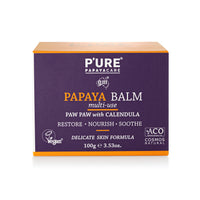 P'URE PAPAYA CARE Balm Multi-use 100g - VEGAN - Repairs Dry Skin, After Sun Treatment - Natural Ingredients with Shea Butter, Calendula, Jojoba Oils, Vitamin E & Papaya- Sensitive Skin Care Products