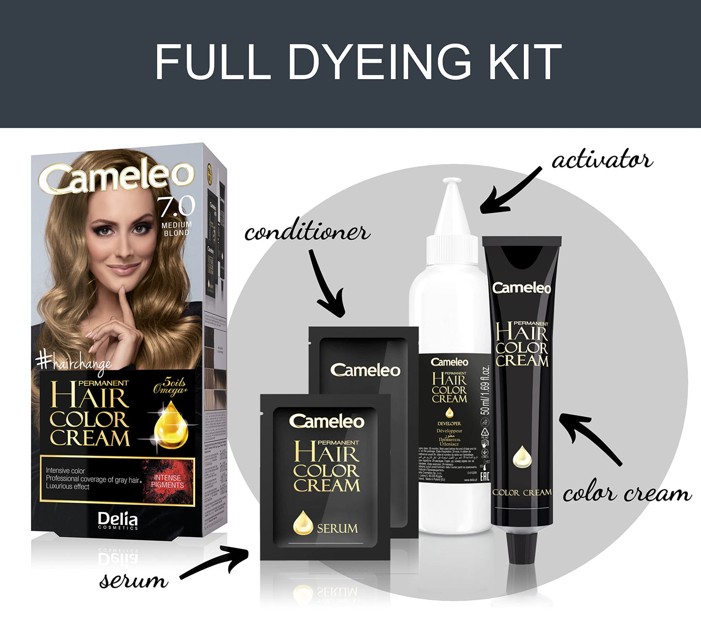 Delia Cosmetics Cameleo - Permanent Hair Colour Cream - Medium Blonde - Intensive Color & Protection - 5 Oils + Omega Plus Acids - Professional, Luxurious Hair Dye - Full Kit