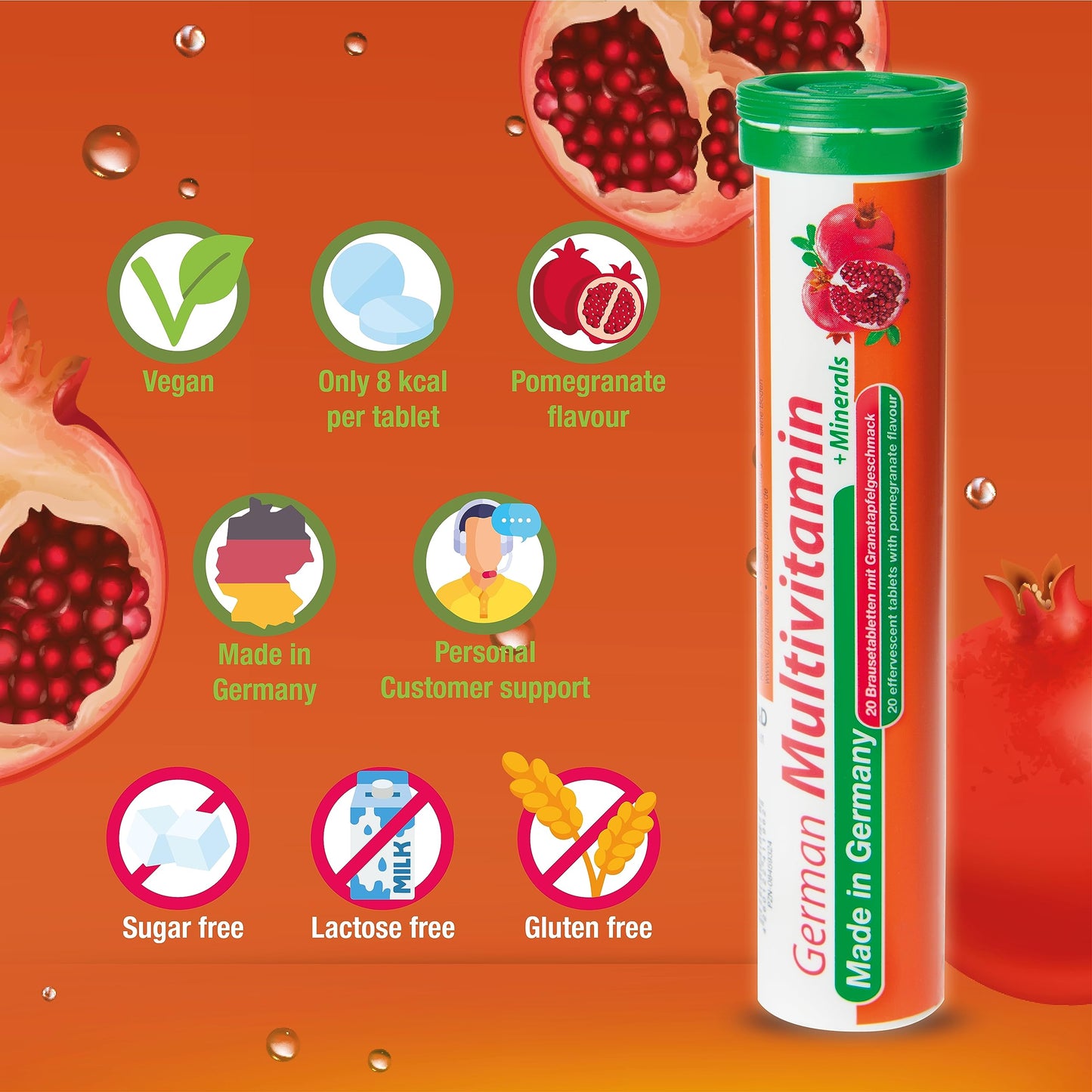 Multivitamin + Minerals - 2 x 20 effervescent Tablets - Pomegranate Flavor - T&D Pharma German Multivitamin + Minerals - Made in Germany