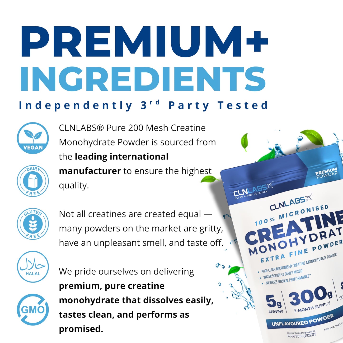 Creatine Monohydrate Powder - 300g (60 x 5g Servings) | 200 Mesh Fine Grade Powder, Pure & Mixes Easily | Includes Scoop | Unflavoured | Made in The UK By CLN Labs
