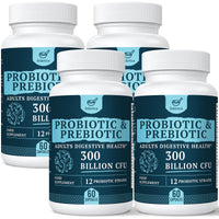 300 Billion CFU Probiotics for Digestive Gut & Immune Health, Advanced Strength Probiotics with 12 Diverse Strains + 3 Prebiotics for Women & Men (60 Count (Pack of 4))