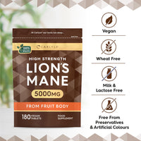 Lions Mane Supplement High Strength | 5000mg Lions Mane Supplement | from Fruit Body | 180 Vegan Tablets | Mushroom Extract | by Carlyle