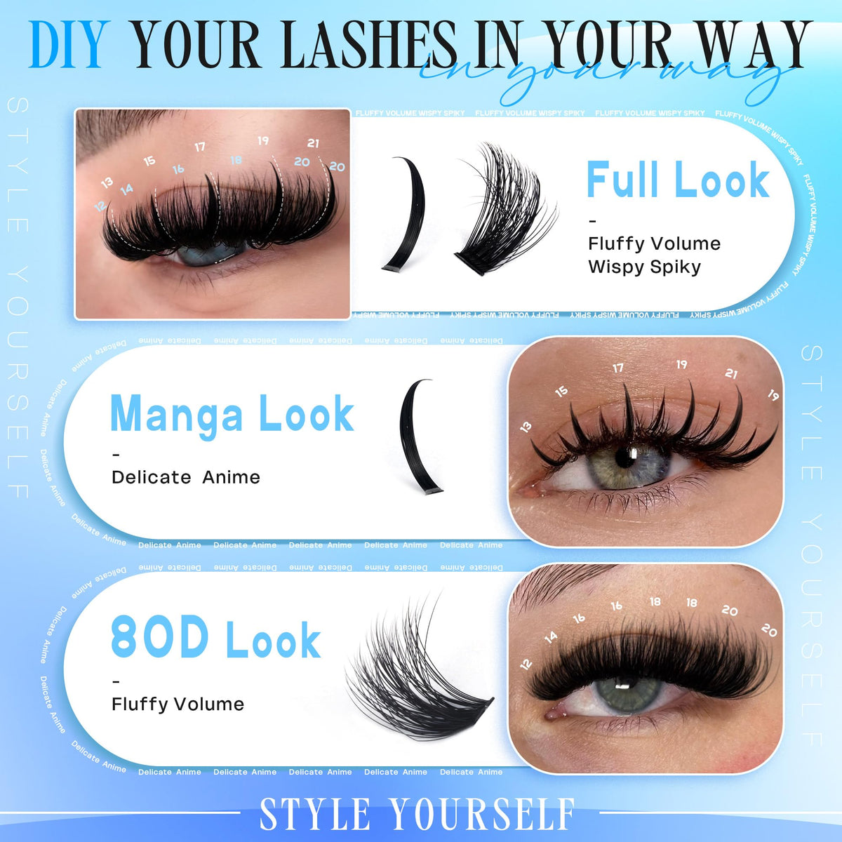 CORUSCATE 80D Cluster Lashes Fluffy Individual Eyelashes Thick D Curl Lashes Individual Cluster 12-20mm with Long Lash Spikes Volume Eyelash Clusters DIY Spiky Russian Strips Eyelashes Mega Extension
