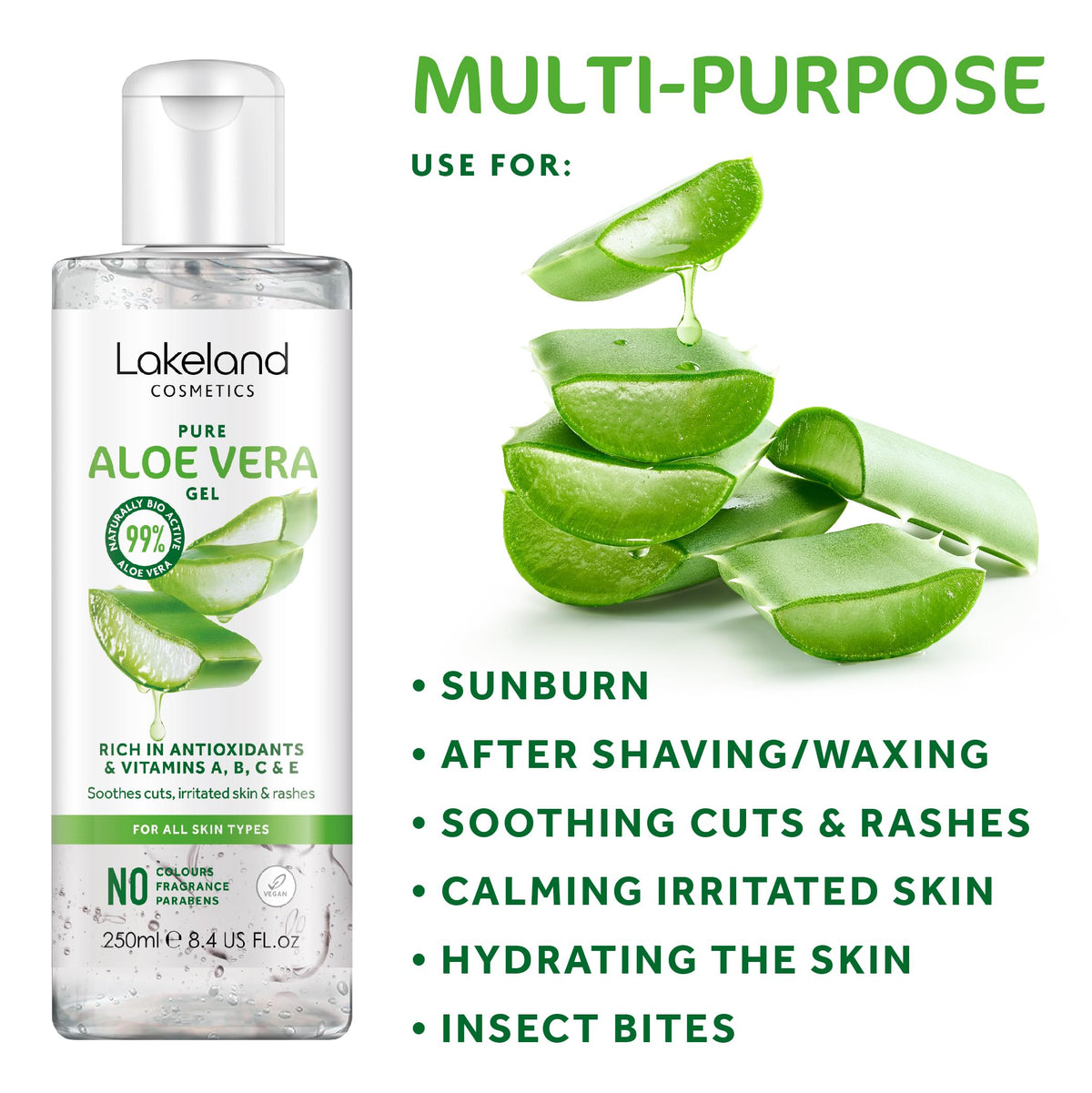 LAKELAND COSMETICS Lakeland Cosmetics Aloe Vera Gel 250ml contains 100% pure natural bio active aloe gel moisturiser, soothes cuts, irritated skin, burns & sunburn relief for face & body great aftersun lotion cream