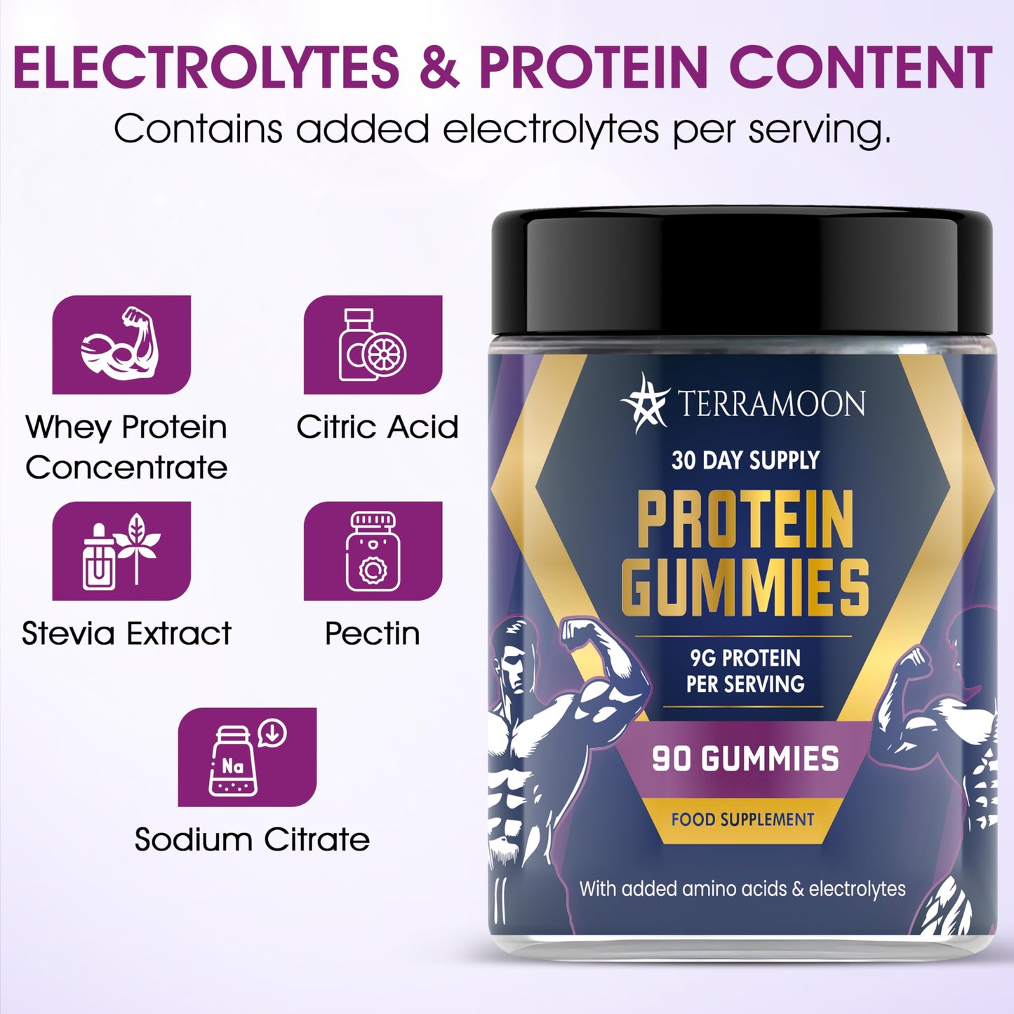 TERRAMOON Protein Gummies, 9g Protein Per Serving, 90 Gummies, 30-Day Supply with BCAA and Electrolytes