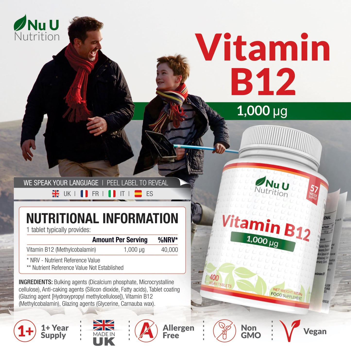 Vitamin B12 1000mcg - 400 High Strength Vegan Tablets - VIT B12 Methylcobalamin - 13 Month Supply - Contributes to The Reduction of Tiredness & Fatigue