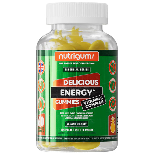 Nutrigums Energy Vitamin B Complex Gummy | Vitamins B2, B3, B5, B6, B12 & Folic Acid with Zinc and Iodine | Tropical Fruit Flavour | 60 Vegan Gummies | Energy Support & Psychological Function by NUTRIGUMS®