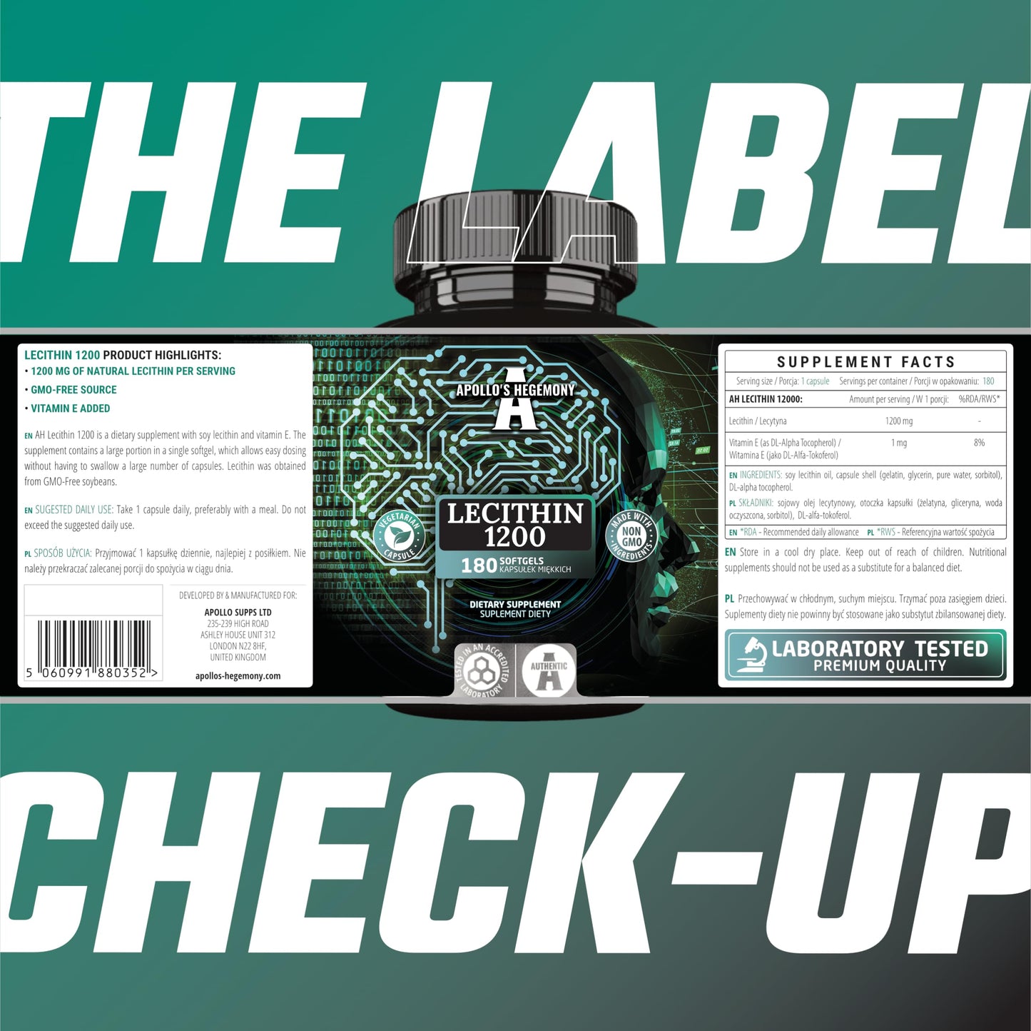 Lecithin 1200mg with Vitamin E - 180 Softgels - High Strength Soy Lecithin Supplement - 6 Months Supply - Laboratory Tested Lipid Lecithin Supplements - by Apollo's Hegemony