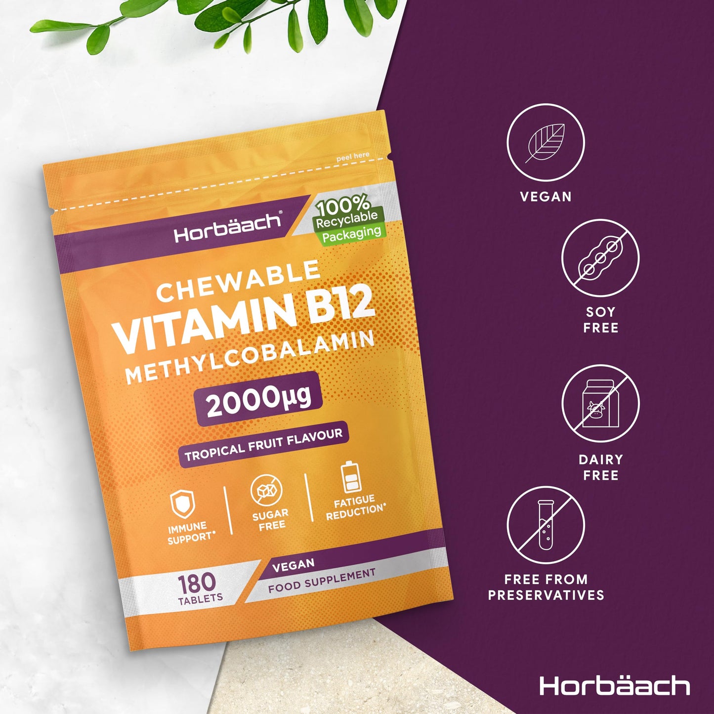 Horbäach Vitamin B12 Tablets High Strength 2000ug | 180 Chewable Tablets | Tropical Fruit Flavour | Sugar Free Vegan Methylcobalamin Supplement | by Horbaach