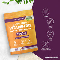 Horbäach Vitamin B12 Tablets High Strength 2000ug | 180 Chewable Tablets | Tropical Fruit Flavour | Sugar Free Vegan Methylcobalamin Supplement | by Horbaach