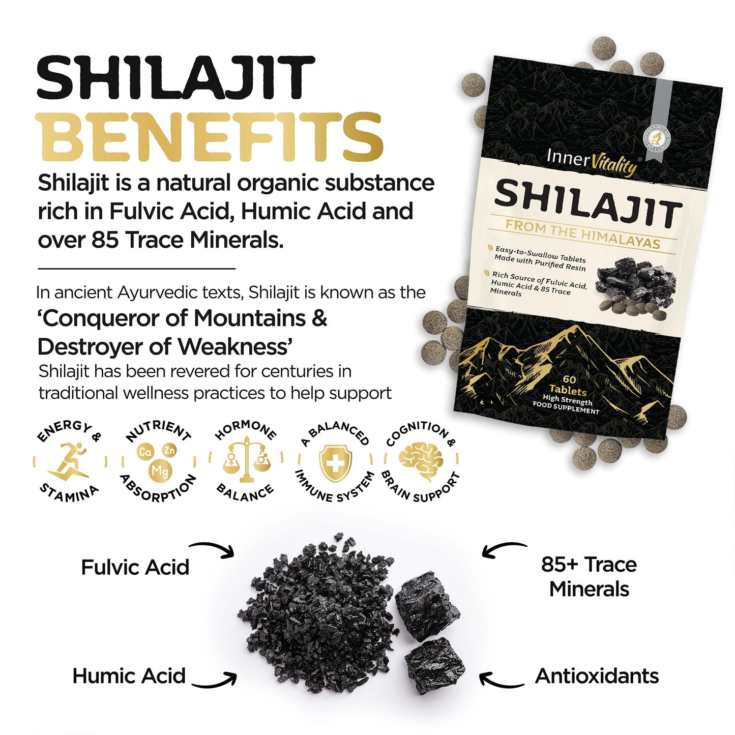 Shilajit Resin Tablets with 81% Fulvic Acid, Himalayan Shilajit Third-Party Purity & Potency Tested. Minerals, Immune System & Energy by Inner Vitality