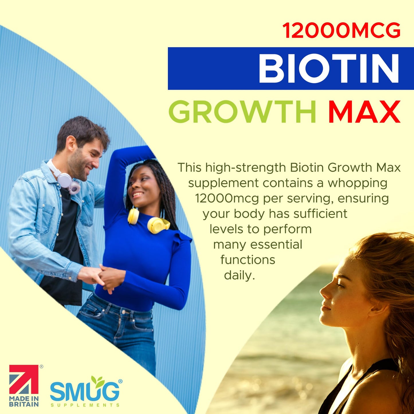 Biotin Tablets 12000mcg – 365 Tablets – Vegan Food Supplement – Made in Britain – SMUG Supplements