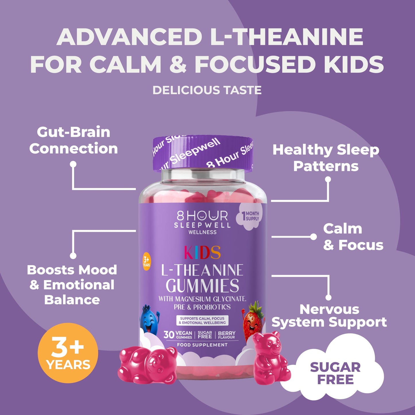 8 Hour Sleepwell Kids L Theanine Gummies – 50mg with Magnesium Glycinate & Prebiotics to Improve Kids Concentration & Focus | Sugar-Free, Vegan & Chewable | Ages 3+ | Berry Flavour | 1 Month Supply